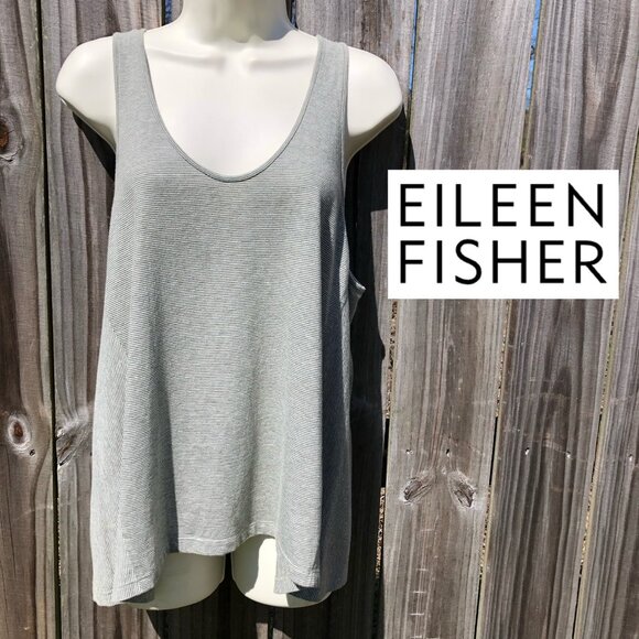 Eileen Fisher Small Striped Tank Top Green White Sleeveless Blouse Scoop Neck - Picture 1 of 8